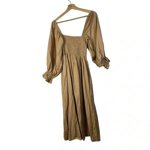 One Pretty Time Beige Smocked Bust Long Sleeve Midi Dress M